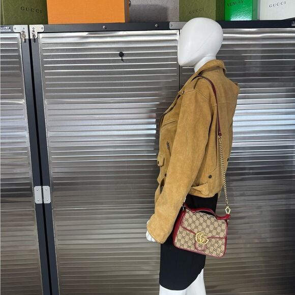 Gucci Marmont Matelasse Top Handle GG Khaki Red Shoulder Bag - Picture 13 of 13